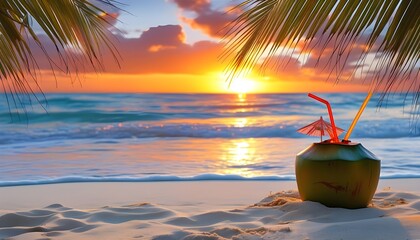 Tropical sunset scene featuring a coconut drink with straw on sandy beach, perfect for vacation and travel themed designs