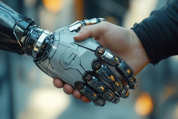 Aufkleber - robot hand is shaking a human hand. The robot is made of metal and has a metallic appearance. Concept of technology and human interaction