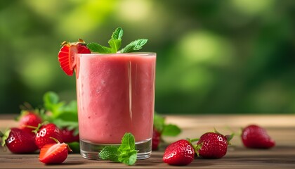 Wall Mural - Refreshing strawberry slushie with mint in glass against a serene nature backdrop for summer vibes and vacation invitations