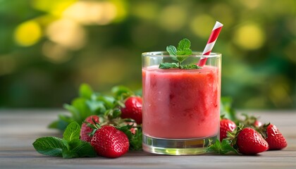 Wall Mural - Refreshing strawberry slushie with mint in glass against a serene nature backdrop for summer vibes and vacation invitations