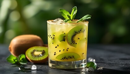 Wall Mural - Refreshing kiwi cocktail adorned with fresh mint in a tall glass, embodying tropical summer vibes perfect for vacation-themed invitations and banners