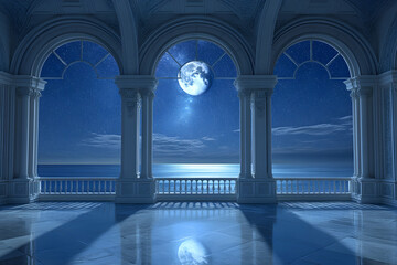 Wall Mural - An expansive view of the night sky from a balcony with arched doorways and marble columns, illuminated by the bright moon.