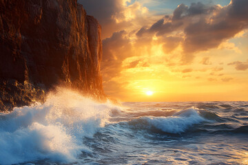 Wall Mural - Dramatic sunset over a rocky sea cliff with crashing waves.