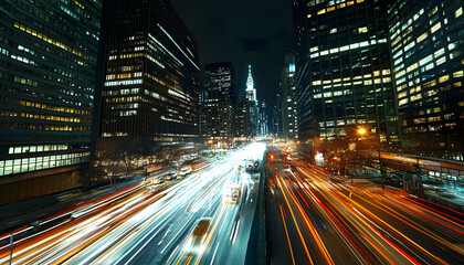 A bustling city at night, with skyscrapers illuminated and traffic creating streaks of light