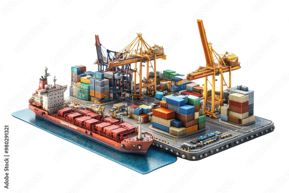 Vibrant port scene showcasing container ship, cargo boxes, and cranes ...
