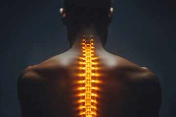 man's back is lit up in orange, with the spine clearly visible. Concept of strength and power, as the man's back muscles are highlighted in the dark background. The orange glow adds a dramatic