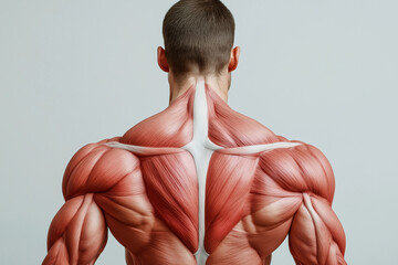 Wall Mural -  man with a muscular back and shoulders. The muscles are red and white. The man is standing in front of a white wall