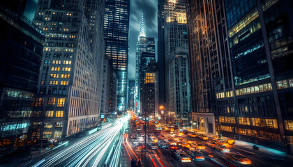 A bustling city at night, with skyscrapers illuminated and traffic creating streaks of light