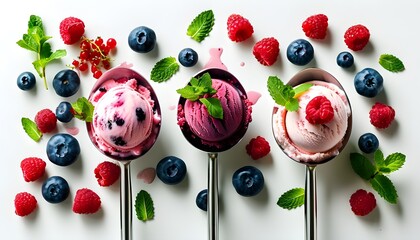 Wall Mural - Vibrant ice cream scoops adorned with fresh berries and mint on a clean white backdrop, perfect for summer-themed banners and menus