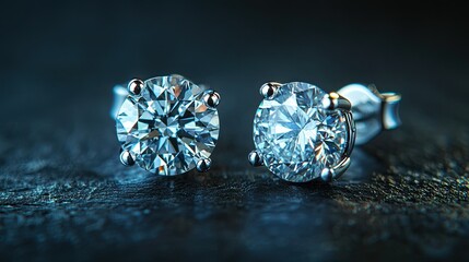 Shining diamond earrings placed on a dark background, with plenty of copy space for luxury promotions.