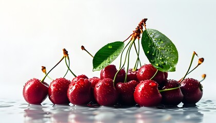 Fresh, dewy cherries glistening with water droplets, showcasing summers bounty in a vibrant, healthy food theme