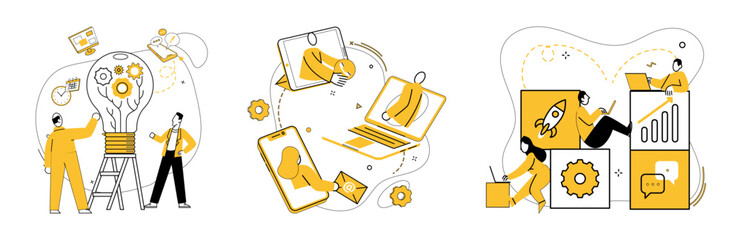 Cooperative work vector illustration. Success blooms in environment where communication and assistance flourish Cooperating professionals unlock doors to innovation and strategic collaboration