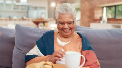 Wall Mural - Senior care, nurse and elderly woman for breakfast, snack and serve with coffee or biscuits in house. Caregiver, help and assisted living for kindness, service or support with nursing empathy on sofa