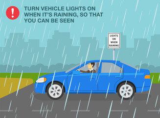 Wall Mural - Safe car driving tips and rules. Driving on a rainy and slippery road. Side view of a car with turned on lights. Flat vector illustration template.