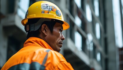 Vibrant close-up of a sticker-covered yellow hard hat worn by a construction worker in a bright orange jacket