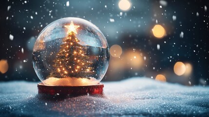 Canvas Print - Snow Globe With Christmas Tree And Star Made Of Lights And Soft Falling Snow Background - Christmas Concept with generative ai