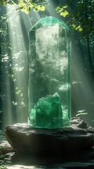 Poster - ethereal green crystal podium floating in misty forest glade illuminated by soft beams of sunlight filtering through leaves product display for ecofriendly beauty brand