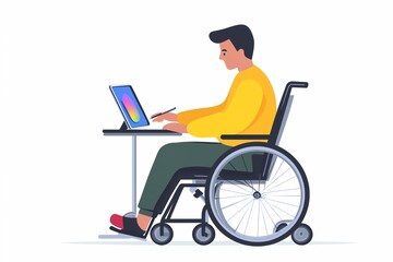 flat-style illustration, a young man in a wheelchair, using digital drawing tablet, whtie background, the concept of a full life for people with low mobility and disabilities, support and help