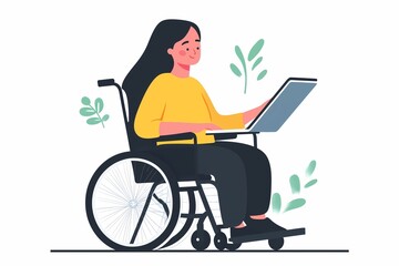 flat-style illustration, a young woman in a wheelchair, using Wacom digital drawing tablet, whtie background, the concept of a full life for people with low mobility and disabilities, support and help