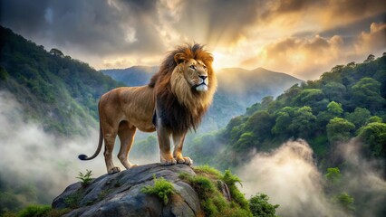 majestic wild lion roaring at the summit of a misty mountain peak in a lush forest, showcasing its f