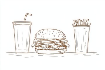 The image of fast food is continuous in one line: French fries, hamburgers, and soda