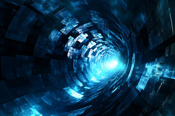 Abstract blue tunnel with a glowing white light at the end.