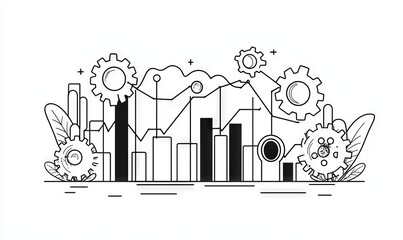 Line drawing of gears and growth charts, business and finance, simple illustration, single line art, modern illustration, single line art drawing