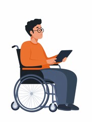 flat-style illustration, a young man in a wheelchair, using digital drawing tablet, whtie background, the concept of a full life for people with low mobility and disabilities, support and help