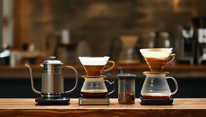 Wall Mural - Artisanal coffee brewing setup featuring French press, pour-over filter, and grinder on rustic wooden countertop