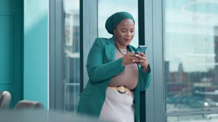 Poster - Window, thinking or African businesswoman with phone for text message or social media in office. Ideas, laughing or happy financial advisor typing on mobile app for reading online schedule or update