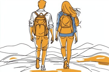 Continually drawn one line drawing of a little boy and girl going on an adventure through nature. Kids walking on a camping ground, hiking, backpacks, and having fun. Family leisure. Modern flat