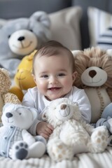 Wall Mural - The baby sat in front of the toy and laughed heartily