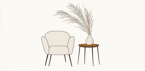 In this drawing, there is an armchair and table with a vase with a plant. Scandinavian style furniture in a simple linear style. Doodle modern illustration.