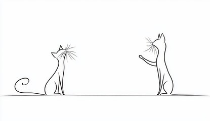 One continuous line drawing of cats, isolated, modern