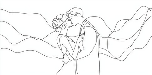 Couple wearing dress kissing very attractively. Modern illustration drawn in one line.