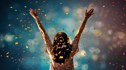 Leinwandbilder - Colorful confetti shower on blue backdrop, Vibrant confetti dance on a serene blue surface.