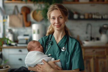 Poster - A young nurse holding a newborn baby