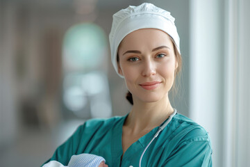 Poster - A young nurse holding a newborn baby