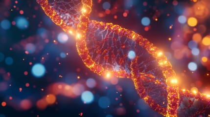 Leinwandbilder - This is a digitally rendered image of a DNA strand, brightly illuminated and glowing against a dark background. The strand is a double helix structure, with a vibrant orange hue