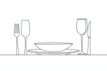 Wall Mural - Line illustration of fork, knife, and plate. Vector.