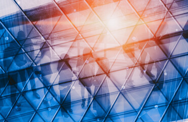 Wall Mural - double exposure image of faded business abstract background with office building and people conferen