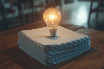 Wall Mural - Stack Of Papers With Light-bulb Symbols On Wooden Table - Ideas / Solutions Concept with generative ai