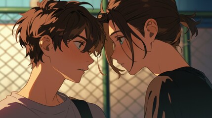 Two Men Gazing Into Each Other's Eyes in Anime Style, Featuring a Boy with Short Brown Hair Tied in Twin Buns, Minimalist Design with Copy Space

