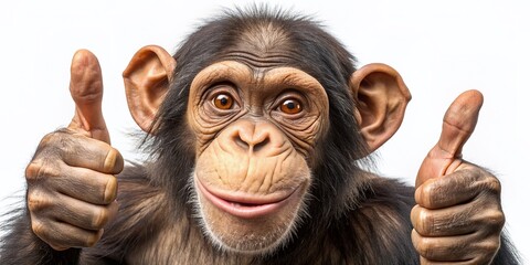 A happy monkey with a friendly facial expression gives a thumbs up gesture, symbolizing approval and positivity, isolated on a pure white background.