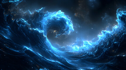 Abstract blue wave on dark background, glowing energy, cosmic wave, fractal art.