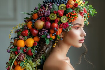 Fashionable women's clothes pieced together with fruits