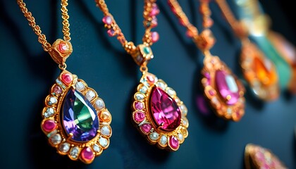 Vibrant display of colorful gemstone necklaces showcasing intricate designs and sparkling beauty