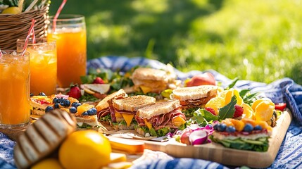 A delicious picnic spread with sandwiches, fruit, and orange juice.