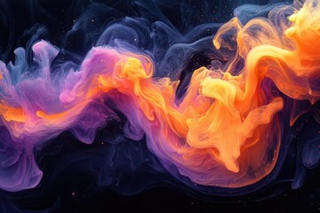 Wall Mural - explosive burst of vibrant neon ink spreading through inky black liquid abstract swirls and tendrils
