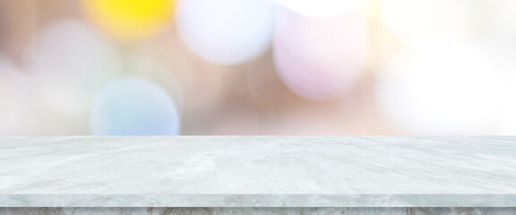 Wall Mural - Empty white table top, counter, desk background over blur  bokeh background, White marble stone table, shelf and blurred kitchen restaurant for food, product display mockup, template